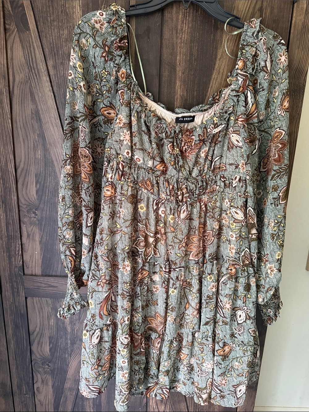 Blu Pepper Green Floral Long Sleeve Tiered Dress